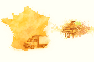 Illustration stylisée de la carte de France et piano à queue décorative, livraison dans toute la France